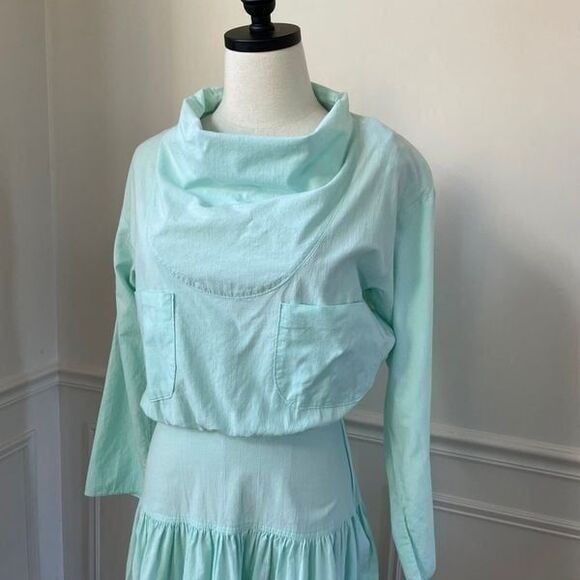 Vintage 80s Alicia Mint Green Cowl Neck Blouson Midi Dress 6 M - Picture 10 of 11